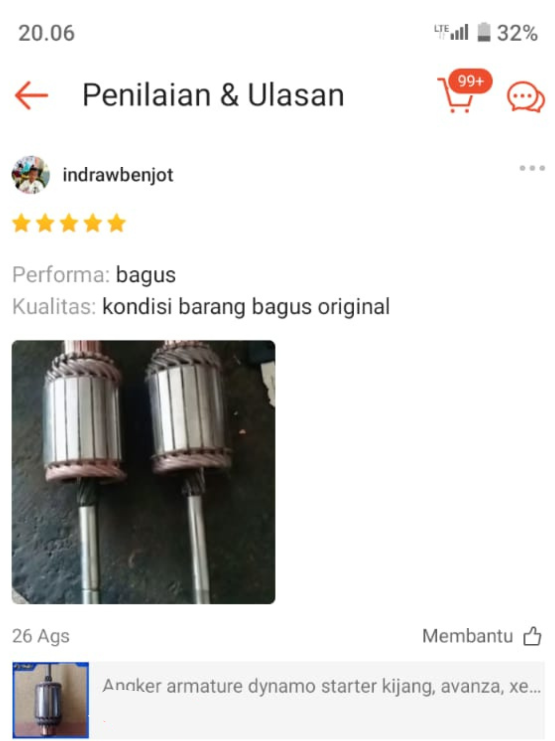 Screenshot review pelanggan dari marketplace