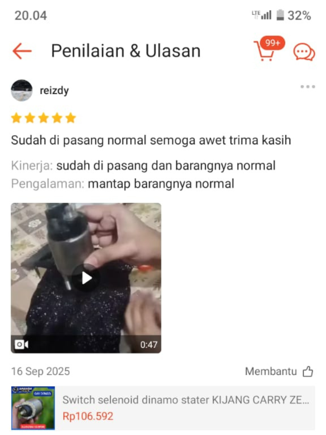 Screenshot review pelanggan dari marketplace
