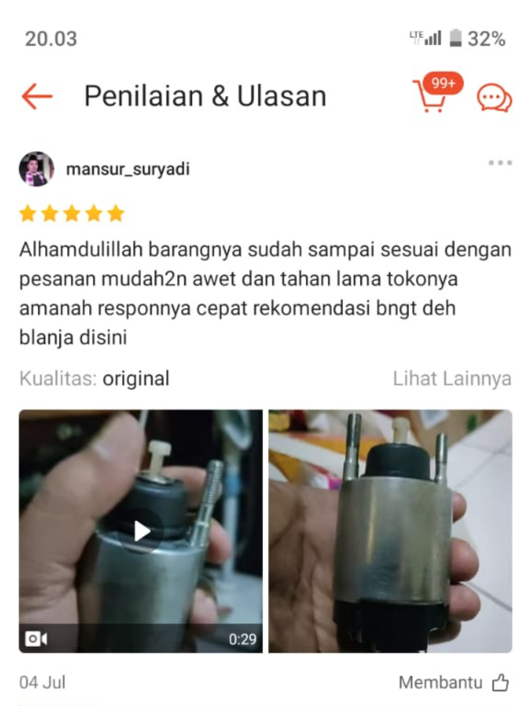 Screenshot review pelanggan dari marketplace