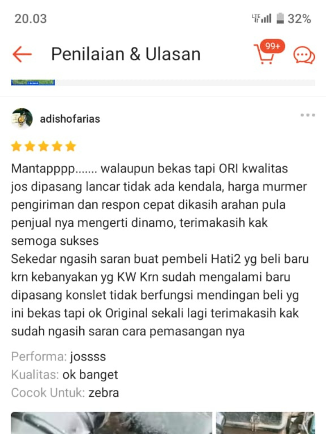 Screenshot review pelanggan dari marketplace